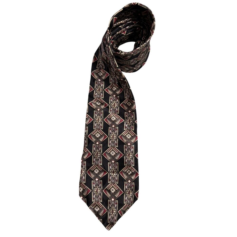Vintage 90s Surrey Silk Tie Black Burgundy Geometric Wide Mens Necktie